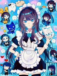 Rule 34 | 1girl, :3, ado (utaite), ado box, adorozatorumary, anger vein, apron, black dress, black hair, black thighhighs, blue eyes, blue hair, blue nails, bubble tea, chando (ado), chef hat, chibi, chinese commentary, closed mouth, colored inner hair, commentary request, dmyfish, dress, food, ha-chan (ado), hat, heart, highres, long hair, maid, maid headdress, multicolored hair, nail polish, omelet, omurice, puffy short sleeves, puffy sleeves, sanrio, short sleeves, star (symbol), sweat, sweatdrop, thighhighs, white apron, zettai ryouiki