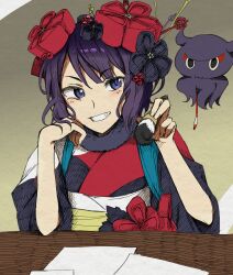 1girl absurdres black_kimono blue_eyes commentary_request fate/grand_order fate_(series) flower hair_flower hair_ornament head_rest highres holding holding_paintbrush japanese_clothes katsushika_hokusai_(fate) katsushika_hokusai_(first_ascension)_(fate) kimono krmtknkoo1582 light_blush octopus paintbrush paper purple_hair short_hair tokitarou_(fate) v-shaped_eyebrows