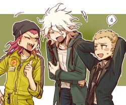 +++ arms_behind_back beanie black_hat black_jacket black_necktie braid closed_eyes coat collared_shirt commentary_request danganronpa_(series) danganronpa_2:_goodbye_despair freckles hat highres hood hood_down jacket jumpsuit komaeda_nagito kuzuryu_fuyuhiko laughing male_focus mole mole_under_mouth multiple_boys necktie niniliuliu one_eye_closed open_clothes open_coat open_jacket open_mouth pants red_hair sharp_teeth shirt side_braid simple_background soda_kazuichi spoken_sweatdrop sweat sweatdrop teeth thumbs_up white_shirt yellow_jumpsuit