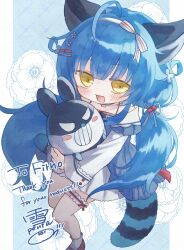 ahoge animal_ears blue_hair blush blush_stickers chromashift commentary commission commissioner_name dress english_commentary english_text fandit_(poko_rakun) flower hair_ornament hair_ribbon hairclip highres holding long_hair open_mouth poko_rakun raccoon_ears raccoon_girl raccoon_tail ribbon second-party_source shoes signature skeb_commission smile tail teeth twintails virtual_youtuber white_dress yellow_eyes yuki_penta
