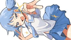 Rule 34 | 1girl, :d, blue eyes, blue hair, blue necktie, blue skirt, collarbone, cowboy shot, cube hair ornament, double v, fang, foreshortening, hair ornament, kyoto animation, looking at viewer, midriff peek, naganohara mio, narrowed eyes, necktie, nichijou, open mouth, outstretched arm, pointing, pointing at viewer, raised eyebrow, school uniform, shiro srmsk, short twintails, sideways, skirt, smile, solo, sparkle, thighs, tokisadame school uniform, twintails, v, white background