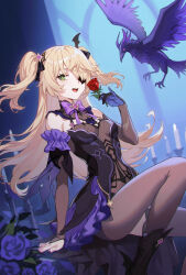 1girl absurdres bird black_pantyhose black_thighhighs blonde_hair bow bowtie breasts candle eyepatch fischl_(genshin_impact) flower genshin_impact gloves green_eyes highres holding holding_flower long_hair looking_at_viewer medium_breasts nail_polish oz_(genshin_impact) pantyhose purple_bow purple_bowtie purple_nails red_flower red_rose rose shali single_glove single_leg_pantyhose single_thighhigh sitting teeth thighhighs two_side_up upper_teeth_only