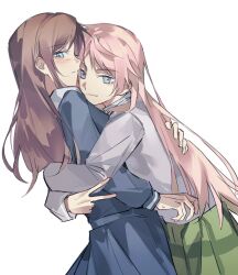 2girls bang_dream! bang_dream!_it&#039;s_mygo!!!!! blue_eyes blue_shirt blue_skirt brown_hair chihaya_anon chinese_commentary closed_mouth commentary_request green_skirt grey_eyes haneoka_school_uniform highres hug long_hair multiple_girls nagasaki_soyo pink_hair pleated_skirt school_uniform shiba257 shirt sidelocks simple_background skirt tsukinomori_school_uniform very_long_hair white_background white_shirt yuri