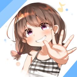 1girl blush brown_hair eighth_note hand_up hiyoko_setto looking_at_viewer low_twintails medium_hair musical_note original plaid_camisole purple_eyes smile solo twintails