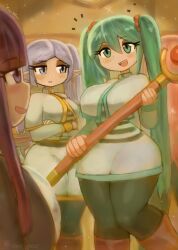 3girls absurdres aqua_eyes aqua_hair black_pantyhose blush boots breasts brown_boots cosplay crossed_arms crossover dress earrings elf fern_(sousou_no_frieren) frieren frieren_(cosplay) grey_dress grey_eyes grey_hair grey_jacket hatsune_miku heart highres holding holding_staff jacket jewelry large_breasts long_hair long_sleeves looking_at_another multiple_girls open_mouth pantyhose parted_lips pointy_ears purple_eyes purple_hair smile sousou_no_frieren sparkle staff standing striped_clothes striped_dress thick_thighs thighs tony_welt twintails vocaloid wide_hips