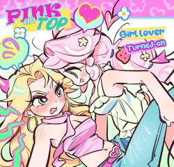 Rule 34 | 2girls, absurdres, blonde hair, blush, denim, fang, from side, highres, horns, jeans, kerberos (kerbe ), looking at another, multiple girls, navel, original, pants, pink hair, yuri