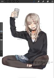 1girl art_program_in_frame asahi_breweries black_choker black_pantyhose black_sweater blue_shorts blush brand_name_imitation choker drunk girls_band_cry grey_eyes grey_hair highres kawaragi_momoka long_hair mtdykxkxzzy multicolored_hair open_mouth pantyhose pantyhose_under_shorts procreate_(medium) roots_(hair) shorts simple_background sitting solo sweater teeth white_background