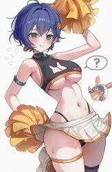 1girl ? absurdres bangboo_(zenless_zone_zero) belle_(zenless_zone_zero) black_panties blue_hair blush breasts cheerleader commentary_request crop_top eous_(zenless_zone_zero) green_eyes hair_ornament highres holding holding_pom_poms letter_hair_ornament medium_breasts miniskirt navel panties pom_pom_(cheerleading) pom_poms short_hair skirt solo spoken_question_mark stomach thigh_strap thighs underboob underwear white_skirt zenless_zone_zero zije