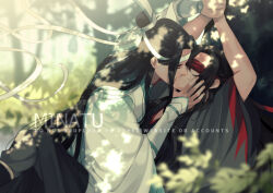 Rule 34 | 2boys, against tree, arms up, artist name, bishounen, black boots, black hair, black hanfu, blindfold, blurry, boots, chinese clothes, closed eyes, coat, commentary, dappled sunlight, day, depth of field, english commentary, french kiss, grey coat, hair down, hair ribbon, half updo, hand on another&#039;s face, hanfu, headband, holding hands, in tree, kiss, knee up, lan wangji, leaf, long hair, long sleeves, male focus, minataka94, modao zushi, multiple boys, nature, official alternate costume, official alternate hairstyle, open clothes, open coat, outdoors, red ribbon, ribbon, robe, sitting, sitting in tree, sleeves past wrists, sunlight, topknot, tree, very long hair, watermark, wei wuxian, wei wuxian (yiling laozu), white hanfu, white headband, wide sleeves, xiao guan (headdress), yaoi