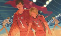 2boys arm_around_shoulder black_hair blonde_hair closed_eyes collared_jacket commentary english_commentary gradient_hair haikyuu!! hebi86070749 highres jacket kozume_kenma kuroo_tetsurou male_focus multicolored_hair multiple_boys nekoma_volleyball_uniform open_clothes open_jacket open_mouth pants parted_bangs popped_collar red_jacket red_pants red_shorts running shirt short_hair short_sleeves shorts spiked_hair sportswear stadium_lights striped_clothes striped_shirt striped_shorts sweat sweatdrop teeth tongue vertical-striped_clothes vertical-striped_shirt vertical-striped_shorts volleyball volleyball_net volleyball_uniform