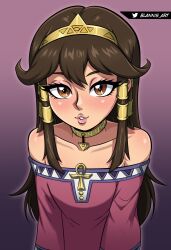 1girl absurdres arms_at_sides artist_name bare_shoulders blannis blush brown_eyes brown_hair child collar collarbone dress eyebrows eyelashes female_focus flat_chest gradient_background highres lips long_hair long_sleeves looking_at_viewer matching_hair/eyes off-shoulder_dress off_shoulder purple_background purple_dress sera_(yu-gi-oh!) sidelocks simple_background solo teeth two-tone_dress upper_body white_dress yellow_collar yu-gi-oh! yu-gi-oh!_the_dark_side_of_dimensions