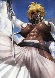 1girl abs absurdres bleach blonde_hair breast_tattoo breasts cloud cowboy_shot dark-skinned_female dark_skin from_below highres hip_vent holding holding_sword holding_weapon long_sleeves looking_at_viewer looking_down mask monori_rogue open_clothes see-through_clothes see-through_legwear sky solo sword tattoo tier_harribel toned toned_female underboob weapon