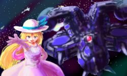 Rule 34 | 1girl, aircraft, blonde hair, commentary request, dress, gloves, kioh gyoku, long hair, looking at viewer, marie (seihou), seihou, shuusou gyoku, space, twitter, ufo no 11, white dress, white eyes, white gloves, white headwear