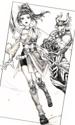 Rule 34 | armor, black hair, bow (weapon), crossed arms, dutch angle, fake horns, father and daughter, headband, helmet, highres, honda tadakatsu, horned helmet, horns, inahime, japanese clothes, kimono, obi, parted bangs, ponytail, sandals, sash, sengoku musou, sketch, weapon