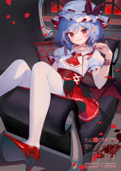 1girl ainy alternate_costume ascot bat_wings blood blue_hair blush bow breasts brown_bow closed_mouth cloud cloudy_sky collared_shirt commentary corset cup drinking_glass eyes_visible_through_hair fingernails frills gem glass grey_hat hair_between_eyes hand_up hat hat_bow high_heels highres holding holding_cup indoors jewelry long_fingernails looking_at_viewer looking_to_the_side medium_breasts mob_cap nail_polish night night_sky pantyhose pointy_ears pouring puffy_short_sleeves puffy_sleeves red_ascot red_corset red_eyes red_gemstone red_nails red_shoes red_skirt red_sky remilia_scarlet shirt shoes short_sleeves sitting sitting_sideways skirt sky smile solo teeth touhou twitter_username watermark white_pantyhose white_shirt window wine_glass wings wrist_cuffs