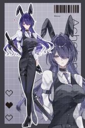 1girl acheron_(honkai:_star_rail) alternate_costume animal_ears barcode belt black_choker black_gloves black_pants black_shoes black_vest breasts character_name choker collared_shirt crossed_legs fake_animal_ears gloves hair_over_one_eye high_heels highres holding holding_sword holding_weapon honkai:_star_rail honkai_(series) katana large_breasts looking_at_viewer multiple_girls necktie nukoxx_02 pants purple_eyes purple_hair purple_necktie rabbit_ears sheath sheathed shirt shoes sword thigh_belt thigh_strap vest watermark watson_cross weapon white_shirt