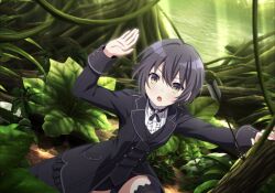 1girl black_coat black_hair black_jacket black_ribbon black_shorts black_thighhighs black_vest breasts chloe_tang coat engage_kill engage_kiss forest formal_clothes frilled_shirt frills game_cg hair_between_eyes hand_up highres jacket jewelry light_blush long_sleeves medium_breasts nature neck_ribbon non-web_source official_art outdoors plant ribbon shirt short_hair shorts solo thighhighs vest white_shirt yellow_eyes zettai_ryouiki