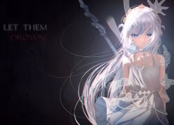 1girl absurdres arms_behind_back ash_again_(gawr_gura) bare_shoulders blue_eyes blue_hair blunt_bangs chromatic_aberration closed_mouth commentary dark_background disembodied_hand dress english_commentary english_text gawr_gura hair_between_eyes hand_on_another&#039;s_arm hand_on_another&#039;s_face hand_on_another&#039;s_head highres holding holding_polearm holding_weapon hololive hololive_english kayjae long_hair looking_at_viewer lyrics multicolored_hair official_alternate_costume official_alternate_hair_length official_alternate_hairstyle pendant_choker pleated_dress polearm sidelocks sleeveless sleeveless_dress solo straight-on streaked_hair teardrop tearing_up tiara transparent_hand trident two-tone_hair very_long_hair virtual_youtuber weapon white_dress white_hair wind wind_lift