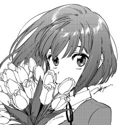 artist_name bouquet collared_shirt commentary commentary_request covered_mouth dress_shirt eyebrows_hidden_by_hair flower greyscale hair_between_eyes jacket kushieda_minori looking_at_viewer medium_hair monochrome neck_ribbon oohashi_high_school_uniform ribbon school_uniform shirt sidelocks toradora! tulip upper_body white_background zekkyou_(h9s9)