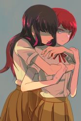 10s 2girls black_hair danganronpa_(series) danganronpa_3_(anime) freckles green_eyes hug hug_from_behind koizumi_mahiru long_hair multiple_girls red_hair satou_(danganronpa) school_uniform shinshishinc short_hair yuri