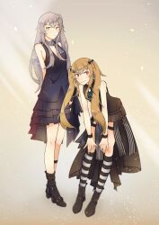 Rule 34 | 2girls, absurdres, boots, brown hair, character name, commentary request, dress, english text, girls&#039; frontline, grey hair, highres, kokuya (kokuya28), long hair, multiple girls, official alternate costume, red eyes, scar, scar across eye, scar on face, sleeveless, sleeveless dress, smile, socks, striped clothes, striped thighhighs, textless version, thighhighs, twintails, ump45 (diamond flower) (girls&#039; frontline), ump45 (girls&#039; frontline), ump9 (girls&#039; frontline), ump9 (the world&#039;s melody) (girls&#039; frontline), yellow eyes