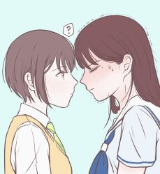 2girls ? bang_dream! bang_dream!_it&#039;s_mygo!!!!! blue_background blue_necktie blue_shirt blush brown_hair bupalkun closed_eyes closed_mouth collared_shirt commentary_request green_necktie grey_hair hanasakigawa_school_uniform haneoka_school_uniform highres korean_commentary long_hair looking_at_another mole mole_under_eye multiple_girls necktie nervous_sweating pink_eyes sailor_collar school_uniform shiina_taki shirt short_hair short_sleeves simple_background spoken_question_mark sweat sweater_vest takamatsu_tomori trembling white_sailor_collar white_shirt yellow_sweater_vest yuri