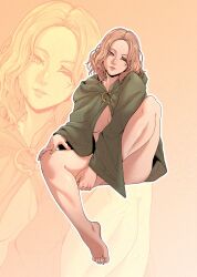 barefoot blonde_hair breasts cloak commentary elden_ring english_commentary feet full_body green_cloak hand_on_own_foot hand_on_own_thigh highres invisible_chair knee_up lips medium_hair melina_(elden_ring) naked_cloak no_bra one_eye_closed outline paid_reward_available parted_lips sitting thighs toes white_outline yellow_eyes zev_zero zoom_layer