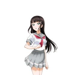 Rule 34 | 1girl, anime coloring, black hair, blunt bangs, blush, clenched hands, cowboy shot, green eyes, grey sailor collar, grey skirt, hair ornament, hairclip, hand up, kurosawa dia, long hair, looking at viewer, looking to the side, love live!, love live! school idol festival, love live! sunshine!!, miniskirt, mole, mole under mouth, neckerchief, official art, parted lips, pleated skirt, red neckerchief, sailor collar, school uniform, serafuku, shirt, short sleeves, simple background, skirt, solo, standing, summer uniform, textless version, tie clip, transparent background, uranohoshi school uniform, white shirt