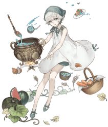 1girl basket bonnet cake carrot child cooking dress female_focus food fruit full_body green_eyes ji_no ladle looking_at_viewer melon nier nier_(series) official_art onion pot sinoalice solo soup soup_ladle spoon transparent_background watermelon wheat white_dress white_hair yonah