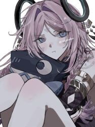 1girl :t blue_eyes citlali_(genshin_impact) facial_mark floating_headgear forehead_mark genshin_impact headgear pink_hair pout ring_hair_ornament rurusorachan simple_background solo triangle triangle_facial_mark twitter_username white_background