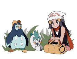 1girl bag beanie berry_(pokemon) black_shirt blue_hair bright_pupils closed_mouth dark_blue_hair dawn_(pokemon) duffel_bag frown gen_4_pokemon grass grey_eyes hair_ornament half_updo hat highres long_hair miniskirt nintendo oran_berry pachirisu pink_skirt pokemon pokemon_(creature) pokemon_dppt prinplup red_scarf scarf shichibee_(stm_mimi) shirt skirt white_hat white_pupils yellow_bag