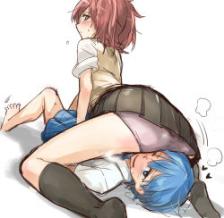10s 2girls aimitsu_(ibityuttyu) akuma_no_riddle azuma_tokaku blue_eyes blue_hair blush drooling female_pervert girl_on_top ichinose_haru multiple_girls necktie open_mouth panties pervert plaid_clothes plaid_skirt red_eyes red_hair school_uniform short_hair sitting sitting_on_face sitting_on_person skirt straddling twintails underwear yuri