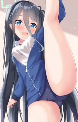 1girl absurdres aris_(blue_archive) bare_legs black_buruma black_hair blue_archive blue_eyes blue_jacket blush breasts buruma commentary crotch english_commentary enru gym_uniform halo highres jacket loli long_hair looking_at_viewer open_mouth shirt simple_background small_breasts smile solo split standing standing_on_one_leg standing_split sweat teeth thighs upper_teeth_only very_long_hair white_shirt