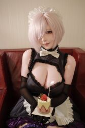 Rule 34 | 1girl, adapted costume, alternate costume, apron, asian, birthday, birthday cake, black dress, black gloves, black thighhighs, breasts, cake, candle, chair, chinese (nationality), cleavage, cleavage cutout, clothing cutout, cosplay, dress, elbow gloves, enmaided, eyes visible through hair, fate/grand order, fate (series), food, frilled dress, frills, gloves, hair over one eye, hair ribbon, highres, indoors, large breasts, looking at viewer, maid, maid headdress, mash kyrielight, navel cutout, neck ribbon, parted lips, photo (medium), pink hair, plant, purple eyes, ribbon, short hair, single thighhigh, sleeveless, solo, tagme, takomayuyi, thighhighs, waist apron