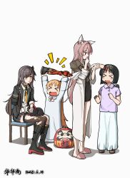 Rule 34 | &gt; &lt;, 4girls, absurdres, animal ear fluff, animal ears, black boots, black hair, black jacket, black skirt, boots, brown eyes, brown hair, brown shirt, brown shoes, chair, chinese commentary, closed mouth, collared shirt, commentary request, crossover, dated, girls&#039; frontline, girls&#039; frontline 2: exilium, highres, holding another&#039;s arm, jacket, leva (girls&#039; frontline 2), long hair, long skirt, mechanical arms, medium hair, multiple girls, neckerchief, necktie, nichijou, on chair, open clothes, open jacket, open mouth, partially unbuttoned, pencil skirt, persica (girls&#039; frontline), pink hair, pleated skirt, professor shinonome, purple shirt, red necktie, shinonome nano, shirt, shoes, single thighhigh, sitting, skirt, slippers, smile, south cn, tearing up, thighhighs, torn clothes, torn thighhighs, ump45 (girls&#039; frontline), white shirt, white skirt, yellow neckerchief
