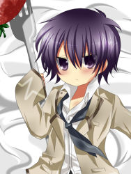 Rule 34 | 10s, 1boy, angel beats!, bad id, bad pixiv id, blazer, eve (meltdown), food, fork, fruit, jacket, male focus, noda (angel beats!), oversized object, purple eyes, purple hair, school uniform, short hair, solo, strawberry