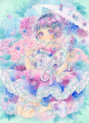 1girl absurdres amu_(m_aa) black_hair blue_flower boots bubble cherry choker commentary cup dated drinking_straw eyelashes flower food frilled_skirt frills fruit full_body green_background highres holding holding_cup holding_spoon holding_umbrella hydrangea ice_cream ice_cream_float jumping leaf multicolored_eyes multicolored_sailor_collar multicolored_skirt neck_ribbon original painting_(medium) parted_lips pink_flower puffy_short_sleeves puffy_sleeves ribbon sailor_collar sailor_shirt shirt short_hair short_sleeves signature skirt solo spoon tareme traditional_media umbrella watercolor_(medium) white_boots white_choker white_ribbon white_shirt