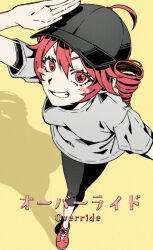 1girl ahoge alternate_costume black_hat black_pants blush breasts commentary_request from_above grey_shirt grin hair_between_eyes hand_up hat highres kasane_teto leggings looking_at_viewer mob_cap napio override_(synthesizer_v) pants red_shoes shirt shoes short_hair simple_background small_breasts smile sneakers solo symbol-shaped_pupils utau yellow_background
