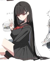 2girls black_hair black_serafuku black_skirt blue_archive blush breasts commentary_request drone hair_ornament hairclip halo himari_(blue_archive) kyurosuku large_breasts long_hair multiple_girls pleated_skirt red_eyes rio_(blue_archive) school_uniform serafuku simple_background sitting skirt solo_focus v white_background
