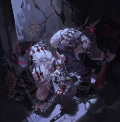 1girl absurdres animal_ears axe bag ball_and_chain_(weapon) black_footwear black_hair black_nails blood blue_overalls boots bracelet chain chainsaw collar crack cracked_floor cracked_wall cuffs explosive ezr_bb fingerless_gloves gas_mask gloves glowing glowing_eyes grenade highres hockey_mask holding holding_chain holding_chainsaw hook impaled jewelry knee_pads long_hair mask midriff_sarashi mohawk monster muscular muscular_male no_shirt object_through_head original overalls rabbit rabbit_ears rabbit_tail rebar red_eyes rigging sarashi scar screw_in_head shackles shadow short_sleeves spiked_ball_and_chain spiked_bracelet spiked_collar spikes spine strapless tail tattoo tattoo_sleeve tube_top veins veiny_arms very_long_hair white_overalls
