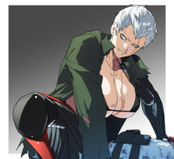 1girl absurdres bad_id bad_twitter_id bags_under_eyes bikini bikini_top_only black_bikini blue_eyes blue_pants border breasts bryan_fury camouflage camouflage_pants cleavage collarbone commentary commentary_request constricted_pupils cyborg genderswap genderswap_(mtf) green_shirt grey_background highres houjoh_(7th-heaven) huge_breasts knee_pads mechanical_arms mechanical_legs namco open_clothes open_shirt outside_border pants scar scar_across_eye scar_on_breasts scar_on_face shirt short_hair sneer solo squatting swimsuit tekken underboob white_border white_hair