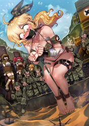3girls 6+boys armband barefoot bdsm bikini blonde_hair bondage boots bound bound_ankles bound_arms bound_wrists breasts brown_hair camouflage camouflage_bikini captured day defeat dog_tags explosive fio_germi full_body gag gagged highres imminent_death improvised_gag kaneeru kasamoto_eri knee_pads large_breasts long_hair looking_down metal_slug military_uniform mine_(weapon) multiple_boys multiple_girls nadia_cassel outdoors peril prisoner_of_war_(metal_slug) rebel_soldier_(metal_slug) red_hair sand side-tie_bikini_bottom snk swimsuit tape tape_gag variant_set