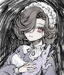 1girl animal black_background black_hair black_ribbon crocodilian dress feifei_(i-faye) hair_over_one_eye highres holding holding_animal looking_at_viewer maid maid_headdress neck_ribbon one_eye_covered pink_eyes purple_dress reverse:1999 ribbon short_hair sketch smile solo tuesday_(reverse:1999) upper_body
