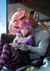 1boy 1girl 1other bare_shoulders black_choker breasts brown_eyes choker colored_skin commentary controller couple cyborg cyborg_(dc) dark-skinned_male dark_skin dc_comics english_commentary game_console game_controller grey_skin hair_horns highres jinx_(dc) jyundee long_sleeves looking_at_viewer pale_skin pantyhose pink_eyes pink_hair purple_pantyhose short_hair silkie_(dc) small_breasts striped_clothes striped_pantyhose teen_titans victor_stone