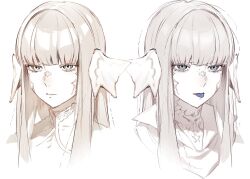 1girl :p au_ra blue_eyes blue_tongue blunt_bangs closed_mouth colored_tongue final_fantasy final_fantasy_xiv highres long_hair looking_at_viewer millimetre_0 monster_girl multiple_views piercing portrait scales simple_background solo tongue tongue_out tongue_piercing warrior_of_light_(ff14) white_background