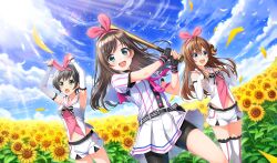 3girls :d :o arihara_tsubasa baseball_bat baseball_uniform belt belt_buckle belt_pouch bike_shorts_under_skirt black_belt black_gloves black_hair black_pouch black_shorts black_undershirt blue_eyes bow brown_hair buckle cinderella_series cloud cosplay costume_switch crossover detached_sleeves falling_petals field fingerless_gloves fisheye flower flower_field game_cg gloves green_eyes hachigatsu_no_cinderella_nine hair_between_eyes hair_bow hairband highres holding holding_baseball_bat kawakita_tomoe kizuna_ai kizuna_ai_(cosplay) kizuna_ai_inc. long_hair looking_at_viewer metal_baseball_bat multicolored_hair multiple_girls navel neckerchief non-web_source official_art open_mouth outdoors panties petals pink_hair pink_hairband pink_neckerchief pleated_skirt pouch sailor_collar satogahama_baseball_uniform shirt shirt_under_shirt short_hair short_sleeves shorts skirt sky smile sportswear standing striped_belt striped_clothes striped_shirt sunflower sunflower_field teeth thighhighs underwear upper_teeth_only vertical-striped_clothes vertical-striped_shirt white_sailor_collar wristband yellow_bow yellow_panties