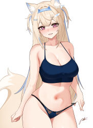 Rule 34 | 1girl, absurdres, animal ears, bandaid, bandaid hair ornament, blonde hair, blue camisole, blue hair, blue hairband, blue panties, blush, breasts, camisole, cleavage, commentary, cowboy shot, crop top, crossed bangs, dog ears, dog girl, dog tail, double-parted bangs, fuwawa abyssgard, hair between eyes, hair ornament, hairband, hairclip, highres, hololive, hololive english, horn hairband, lace, lace-trimmed panties, lace trim, large breasts, long hair, looking at viewer, multicolored hair, navel, panties, parallel hairclips, parted lips, pink eyes, pynkmouth, solo, stomach, strap pull, streaked hair, tail, two side up, underwear, very long hair, virtual youtuber