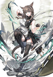 1girl absurdres animal_ear_fluff animal_ears black_boots black_shorts black_thighhighs boots braid breasts brown_hair clenched_hand commentary_request commission fighting_stance final_fantasy final_fantasy_xiv gloves green_eyes hair_between_eyes halberd hand_up highres large_breasts long_hair looking_at_viewer mace miqo&#039;te mole mole_under_eye open_mouth partially_fingerless_gloves polearm print_shirt shirt short_shorts shorts sleeveless sleeveless_shirt solo spiked_mace spikes standing standing_on_one_leg tail thighhighs twin_braids two-tone_shirt v-shaped_eyebrows very_long_hair warrior_of_light_(ff14) weapon white_background white_shirt xun_li_eins