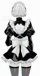 2b_(nier:automata) apron facing_away highres maid_apron monochrome nier:automata nier_(series) nishiii26miii watermark white_background white_hair