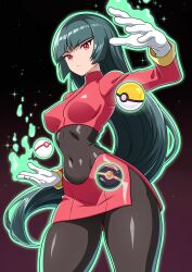 1girl absurdres black_bodysuit blue_hair blunt_bangs bodysuit bodysuit_under_clothes breasts commentary dark_blue_hair english_commentary gloves gluteal_fold highres hime_cut jacket long_hair long_sleeves luxury_ball medium_breasts nintendo pencil_skirt poke_ball pokemon pokemon_frlg premier_ball red_eyes red_jacket red_skirt sabrina_(pokemon) side_slit skirt solo telekinesis theoiledone thighs turtleneck turtleneck_jacket white_gloves